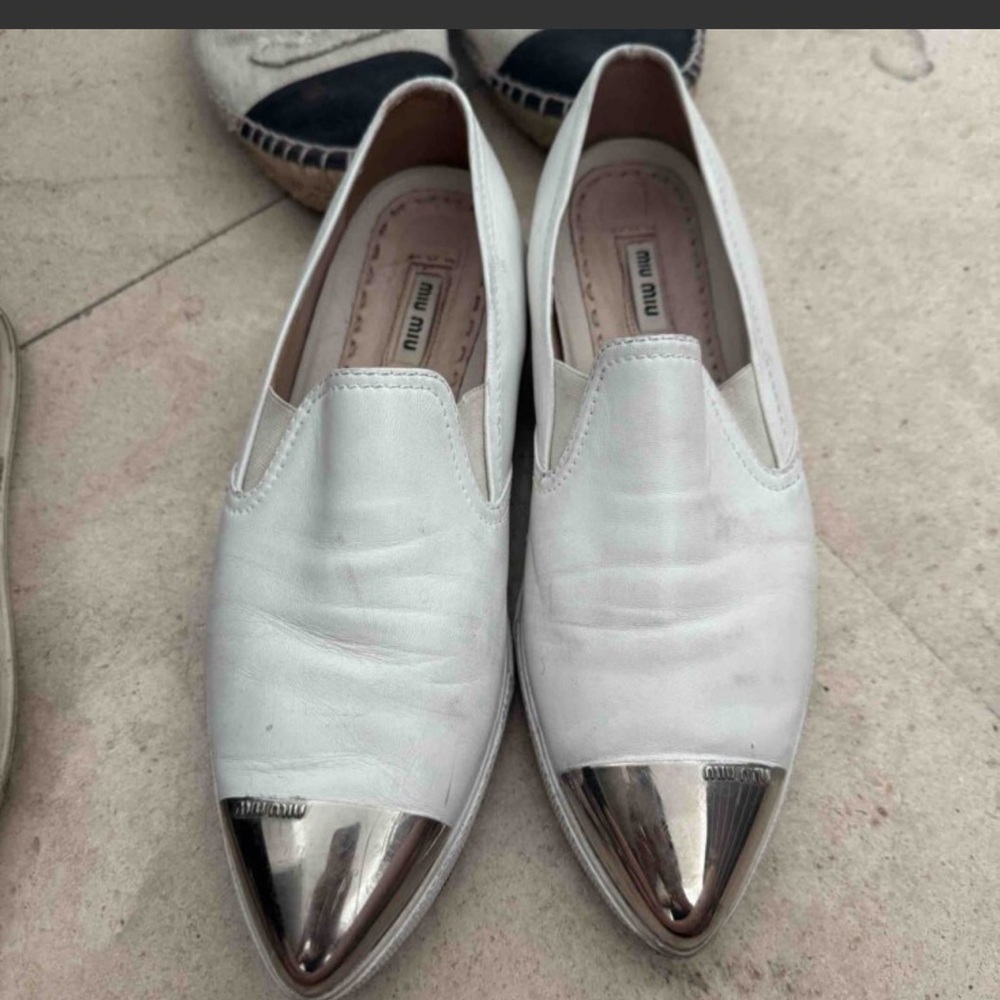 Miu Miu White Leather Loafers with Silver Cap Toe